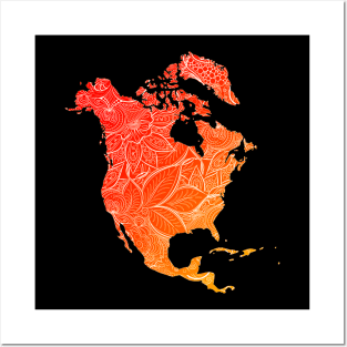 Colorful mandala art map of North America with text in red and orange Posters and Art